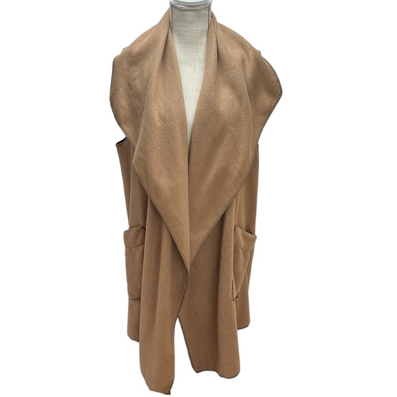Le Moda Open Front Fleece Vest Cardigan Long Line Camel Soft Pockets Lagenlook - Picture 1 of 14